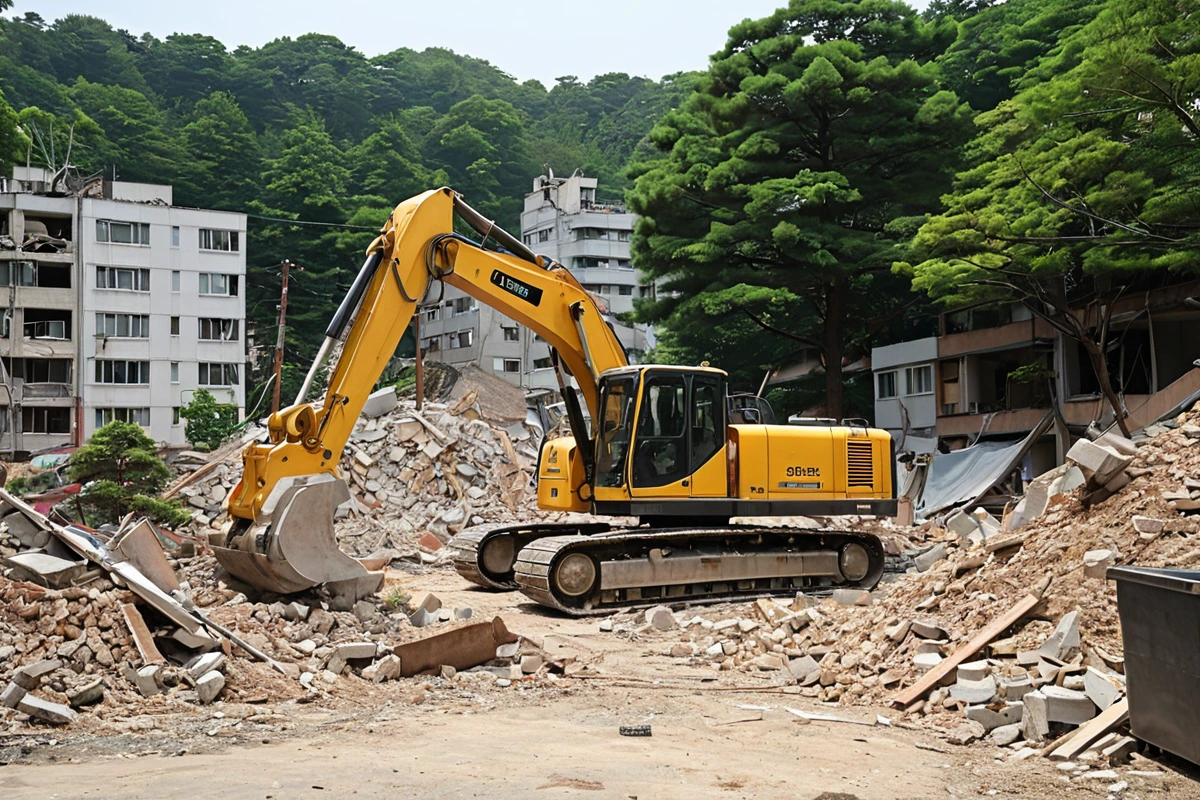 경기 지역 주거지 인근에서 진행 중인 철거 작업. 소음과 진동을 최소화하기 위한 철거 장비가 조용히 작동 중이며, 주변 건물과 나무들이 보이는 자연스러운 주변 환경이 배경으로 보이