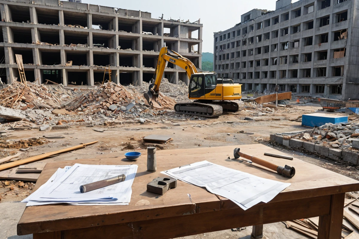 남양주 능내리 지역의 철거 현장에서 현장 조사 후 정확한 견적서를 작성하는 과정을 보여주는 사진. 철거 전 건물의 구조와 상태를 확인하는 측정 도구와 현장 조사 기록이 한눈에 보이